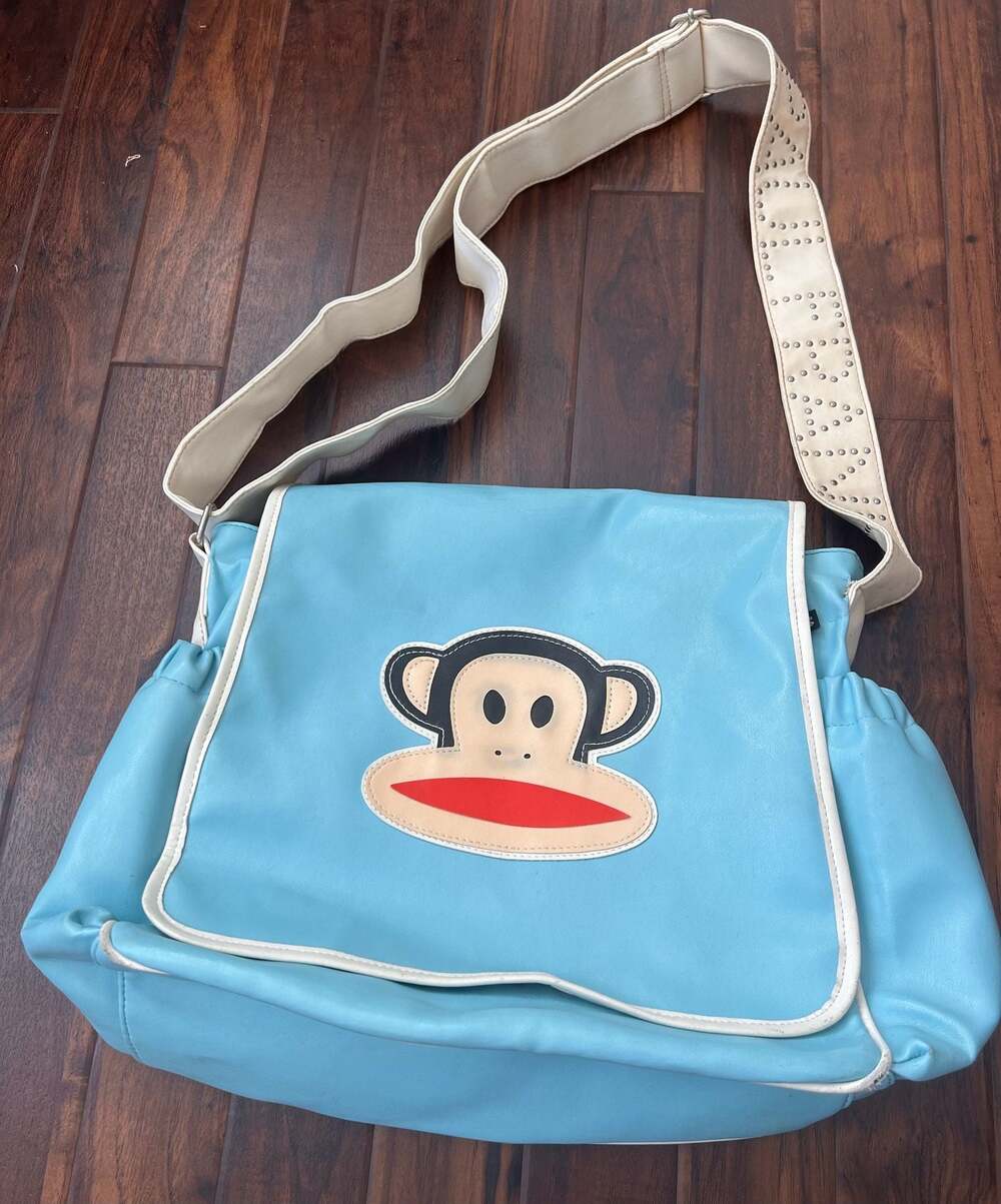 Paul Frank Y2K Blue Faux Leather Messenger Bag with Studded Logo Strap